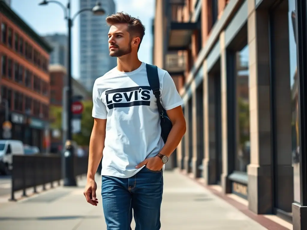 A man wearing Levi's Slim Fit Jeans and a Tommy Hilfiger Casual T-Shirt, walking down a city street, highlighting the casual and trendy style of the outfit.