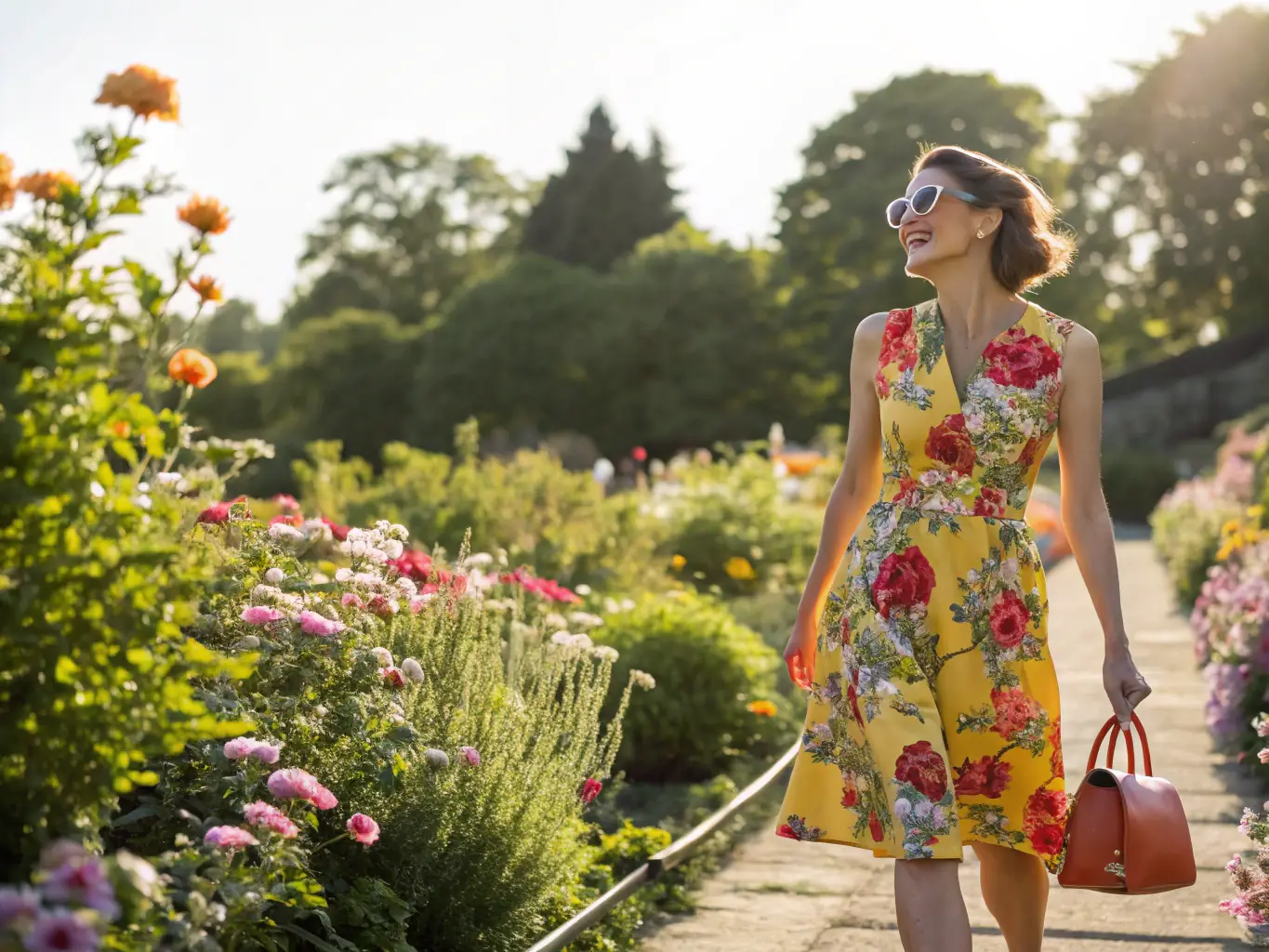 A woman wearing a Zara Floral Summer Dress, standing in a sunny garden with blooming flowers, showcasing the dress's vibrant floral pattern and lightweight fabric.